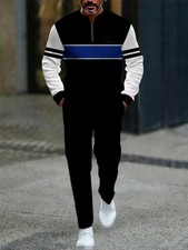 Men'S Zip-Up Collar Tracksuit with Black  White Contrast Sleeves  Blue Horizon