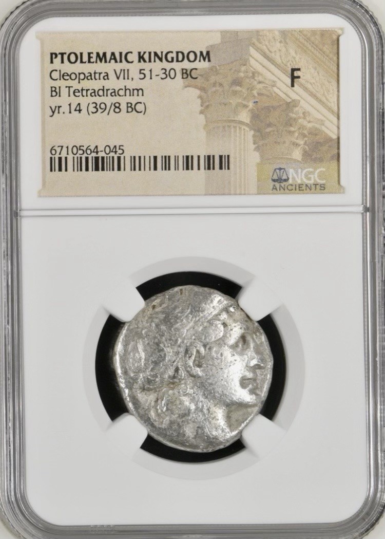 THE CLEOPATRA VII 39BC-38BC Ptolemaic Kingdom Coin NGC Graded Fine Yr14 Ptolemy