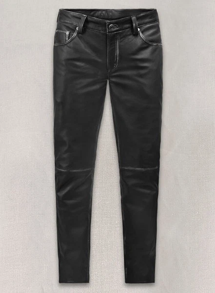 Men RUBBED BLACK GENUINE LEATHER JEANS STYLE PANT