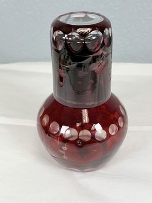 Bohemian Ruby Dark Red Cut to Clear Floral Glass Tumble Up Bedside Decanter Cup