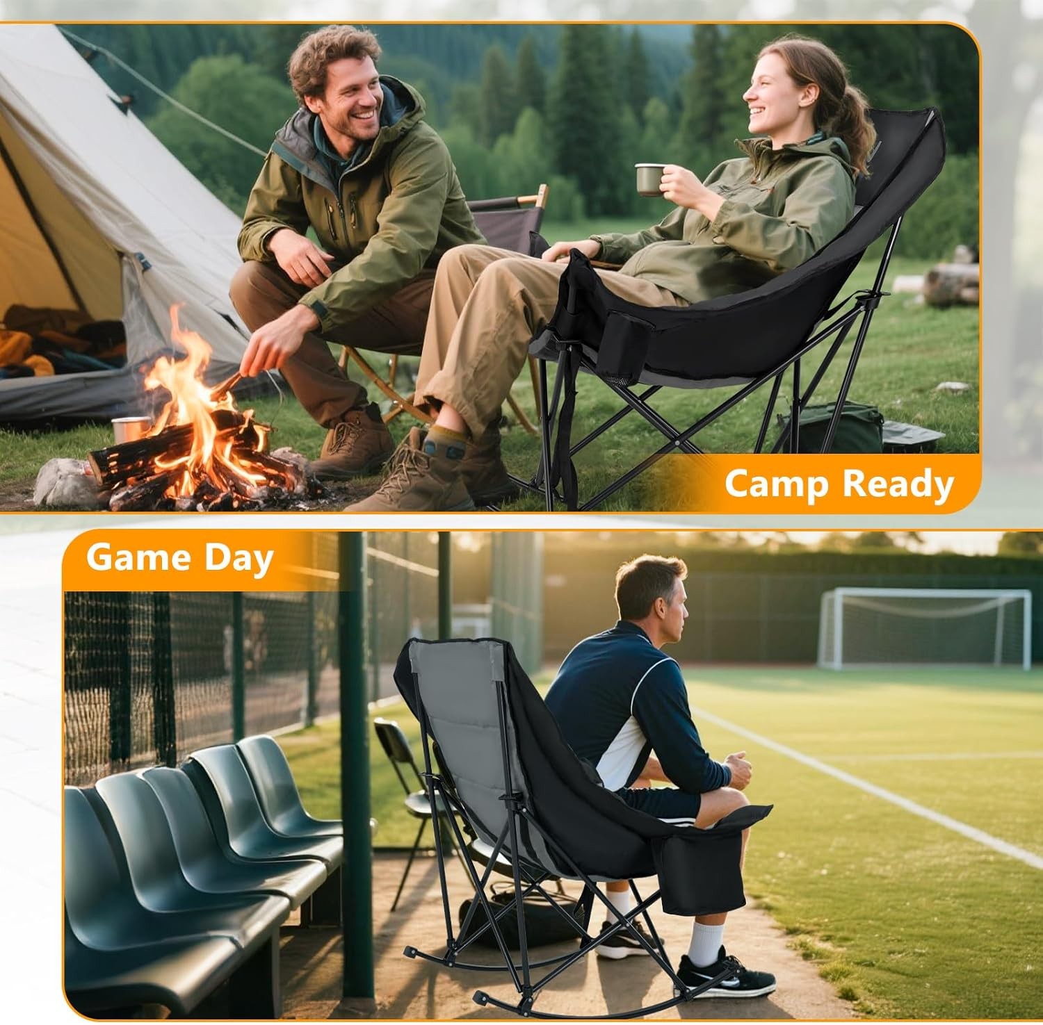 H&ZT Oversized Rocking Camping Chair 400lb Padded Recliner w Pocket & Cooler Bag