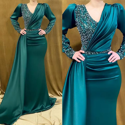 Elegant Dark Green Muslim Evening Dresses V Neck Long Sleeves Party Prom Dress