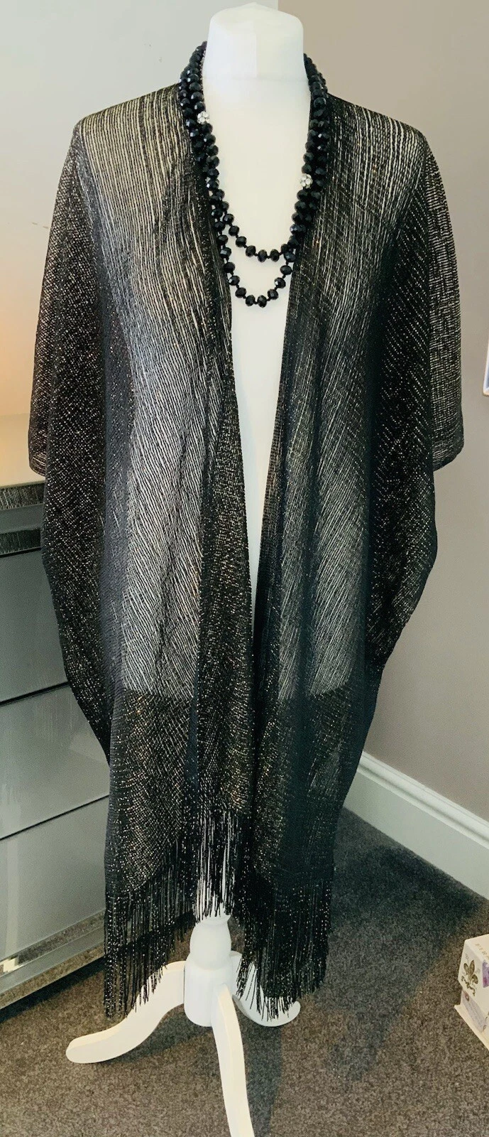 Roman Fringed Black Gold Sparkle Poncho Cover Up Shawl Evening One Size BNWOT