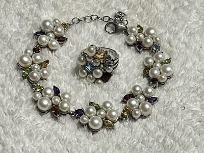 Vintage Sterling Pearl And Gemstone Ross Simons Link Bracelet  Ring Set Marked