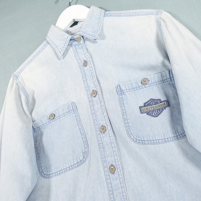 Vintage Harley Davidson Jeanshemd Damen mittelblau Baumwolle Knopfleiste Motor Biker