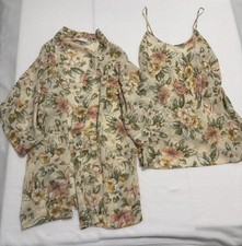 Vtg Val Mode Gown  Robe Set Woman  s Large Floral Cream Sleeveless Made In USA