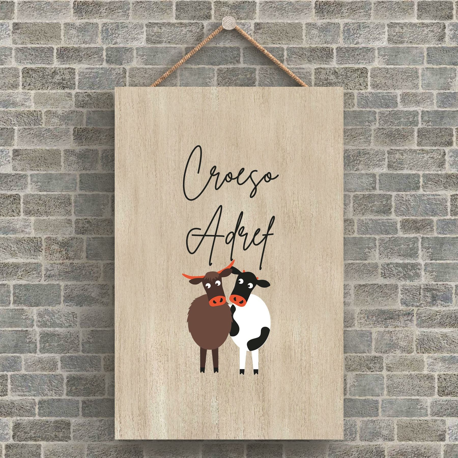 COW CROESO ADREF WELCOME HOME WELSH CUTE ANIMAL THEME WOODEN HANGING PLAQUE