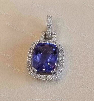#ad #ad 5Ct Cushion Cut Blue Tanzanite Diamond Pendant 14K White Gold Finish Free Chain $54.50