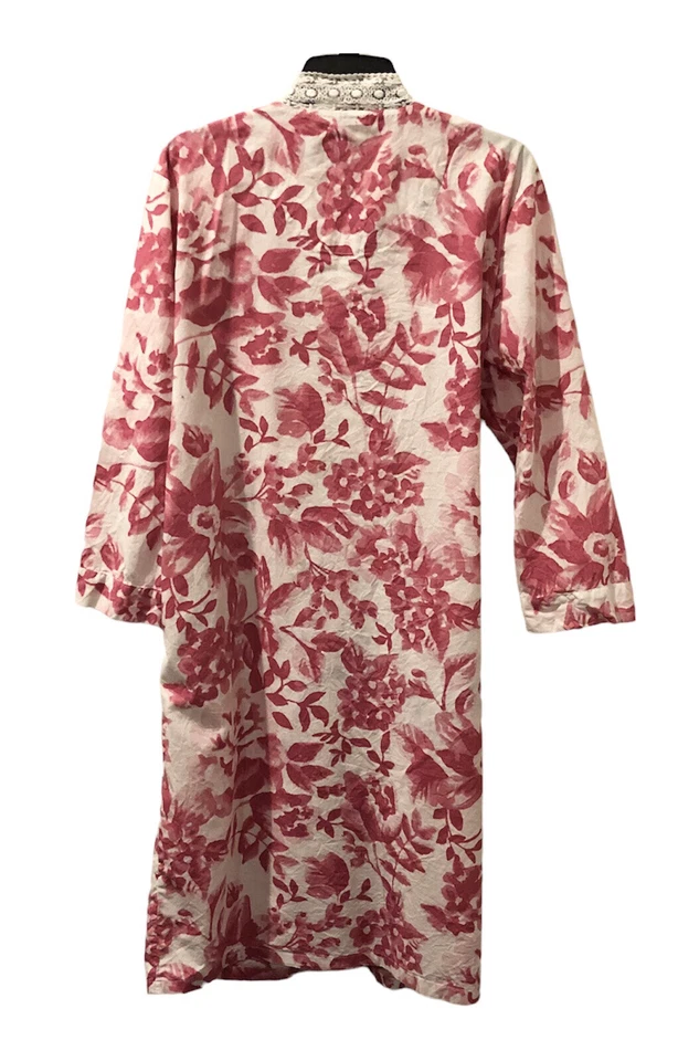 Talbots Rosa Blanco Floral Manga 3/4 Bolsillos Envoltura Algodón Bata Encaje Ribete Mediano Foto 3 de 4