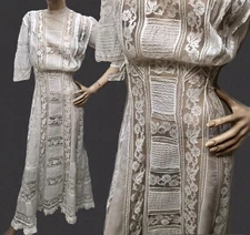 VTG 1900s GIBSON GIRL VALENCIENNES Tape LACE Pigeon-Breast BATISTE LAWN DRESS