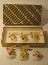 Mid Century Set of 6 Handcrafted FLORAL Seashell TABLE TAGS in Box EXCELLENT!!!