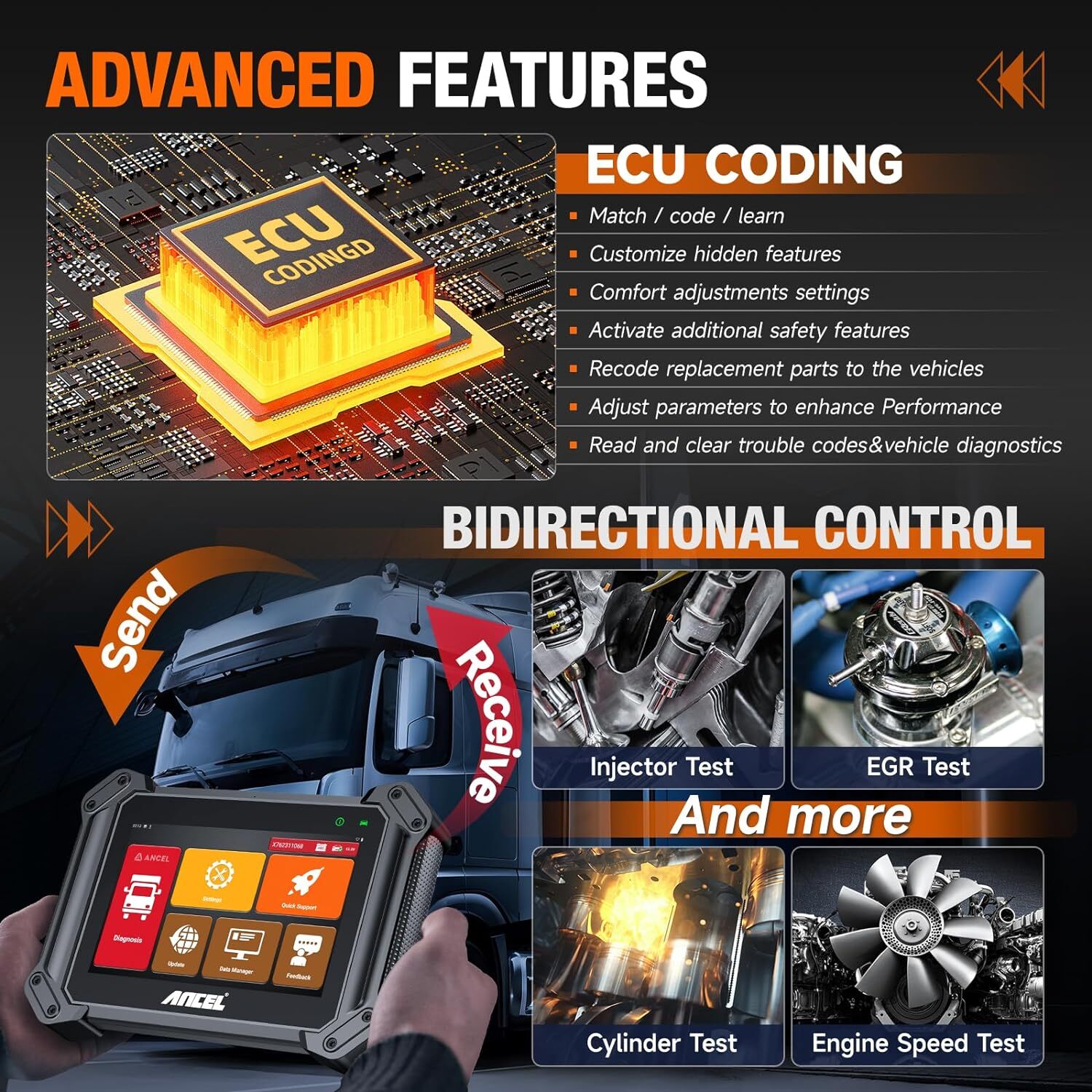 ANCEL V6 Pro+ HD Diesel Heavy Duty Truck Car OBD2 Scanner Diagnostic ECU Coding