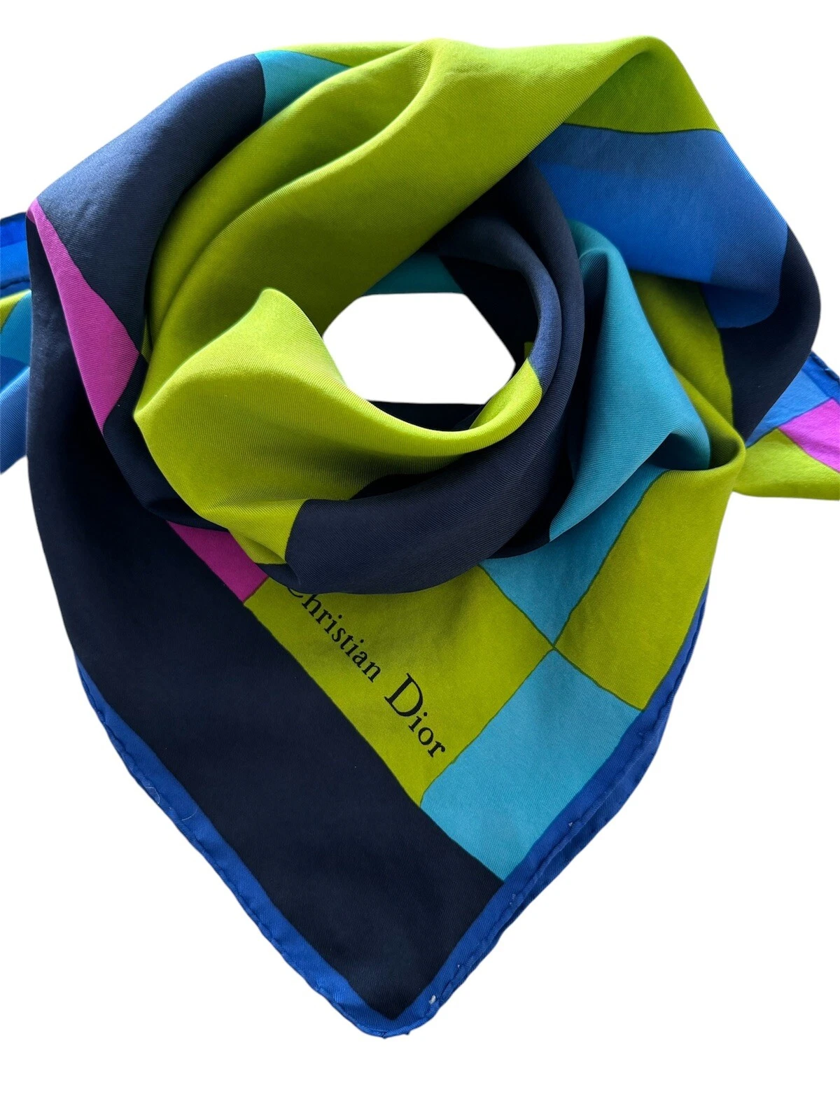 Foulard vintage Christian Dior 100% soie bleu vert rose rare pour collection