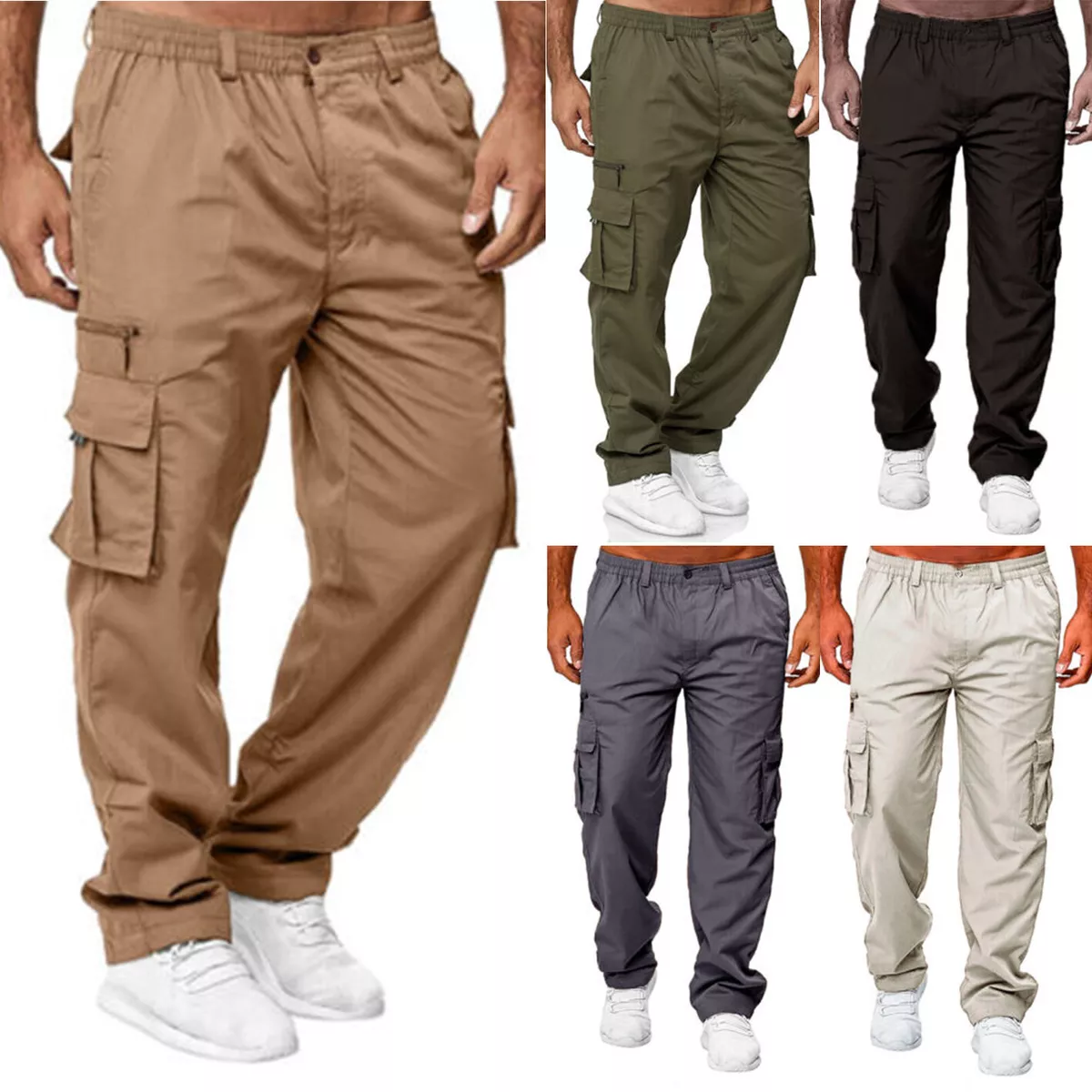 Men Stretch Cargo Combat Work Pants Multi Pockets Elastic Waist Trousers Comfort