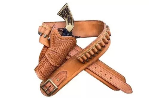Western Leather Holster Gun Belt .44 /.45 Brown Hand Made Cowboy Revolver Pistol - Picture 3 of 3