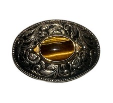 Vintage Tiger Eye Stone Embedded Country Western Style Belt Buckle Tooled Golden