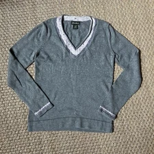 Eddie Bauer Gray Angora Blend V Neck Sweater W/ Fair Isle Trim Women’s Sz S