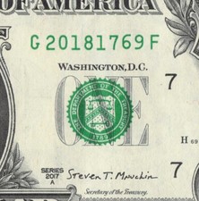 Year Note 2018 in the Serial Number $1 Dollar Bill Leading Position G20181769F