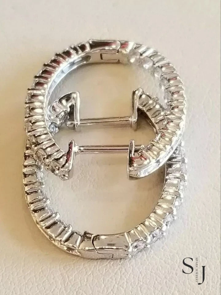 Moissanite 3.00 Carat Round Cut Solid 14K White Gold Inside Out Hoop Earrings - Image 4 of 4