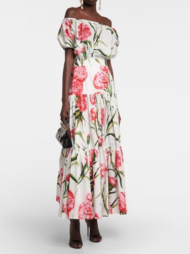Dolce & Gabbana Skirt Red White Floral Cotton A-line Maxi Long Poplin 44IT UK12