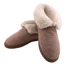 Old Friend Bootee Slipper Sheepskin Fleece Chestnut Leather Rubber Sole Cozy L7