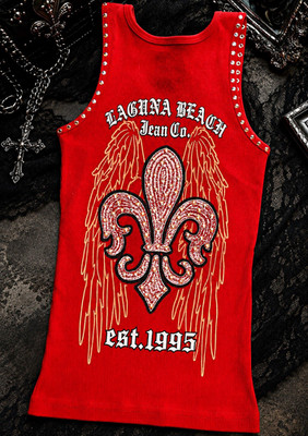 Laguna Beach Jean Co. Red Rhinestone Fleur de Lis Graphic Scoop Neck Tank S