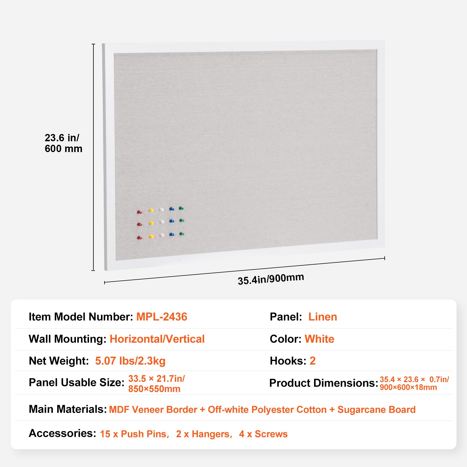 Uimoso 36"x24" White Cork Board with Linen Surface Wall-Mounted Bulletin Board