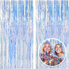 2 Pack Foil Curtain Backdrop Iridescent Metallic Tinsel Foil Fringe Curtains Pho