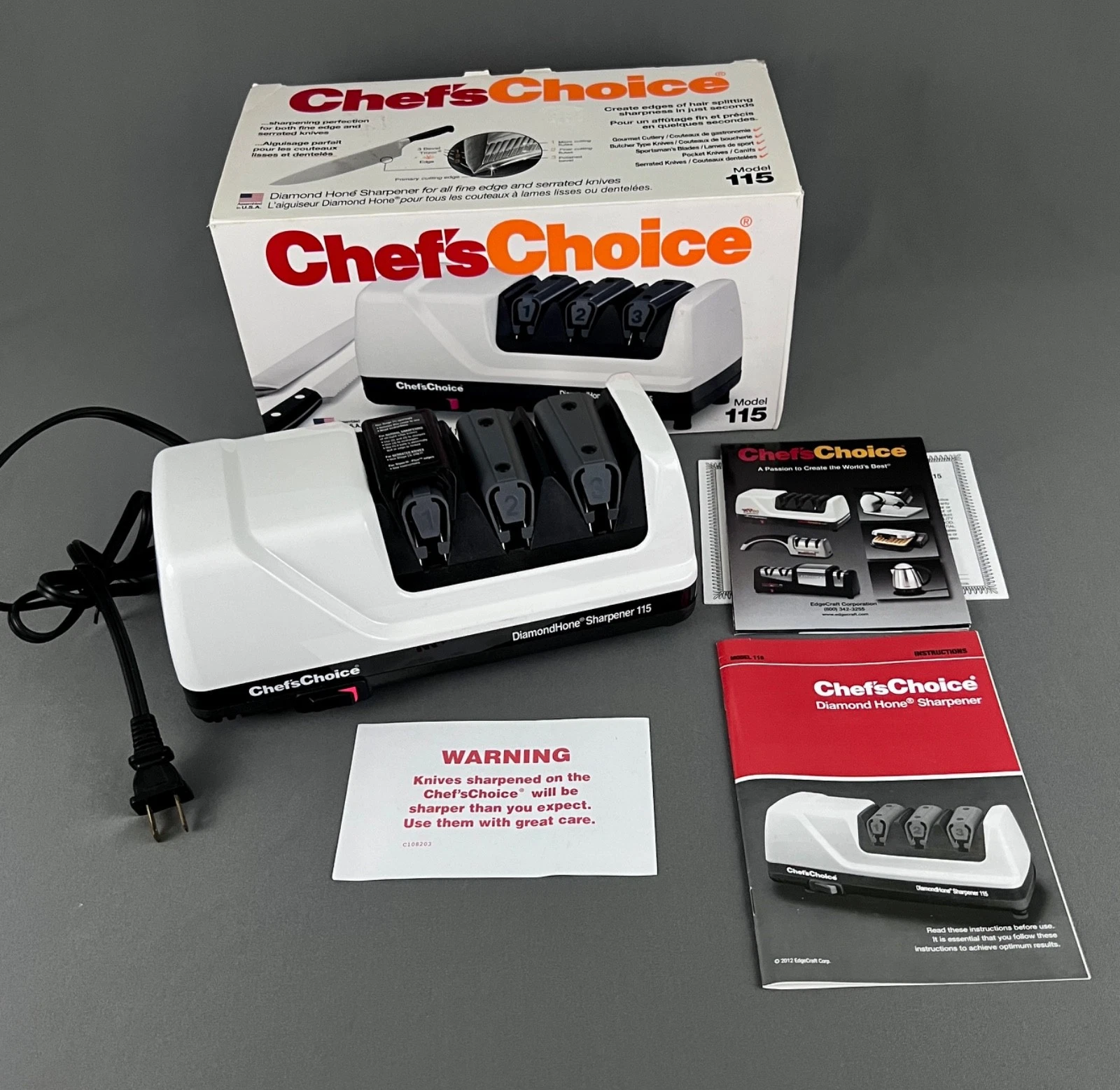 Chefs Choice Diamond Hone Knife Sharpener Electric 3 Stage Model 115 with Box