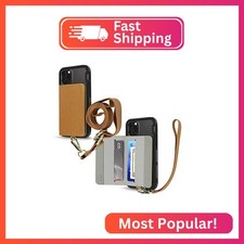 Cell Phone and Credit Card Holder with Crossbody and Wrist Straps, Stick-On Wall