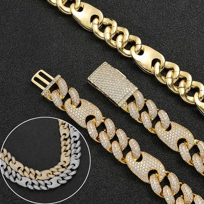 16MM Men's Cuban Chain Hip Hop Style Pig Nose Diamond Necklace Fashion Bracelet