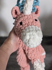 16" Hand Made Crochet Unicorn Snuggler Lovey Pink with teal Mane  Tail