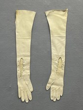 VTG 1940s Ivory Leather Opera Gloves 3 Button Wrist Long Formal Evening 23"