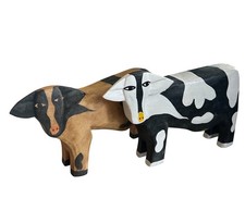 Vintage Primitive Folk Art Wood Cow Figurines Signed JS Chunky Farmhouse Pair 7  