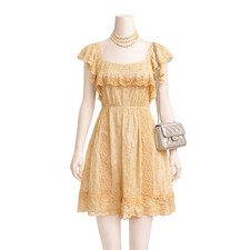 LoveShackFancy Yellow Lace-Trim Mini Dress Cottagecore Flutter Sleeve S boho