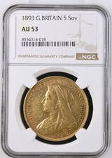 1893 Gold Five Pounds, Victoria Veiled head, NGC AU53