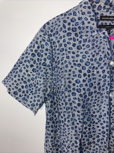 Banana Republic Shirt Men's M Animal Leopard Print Chambray Blue Button Up Q - Picture 6 of 11