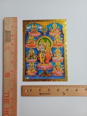 Lord Vishnu & Eight Avatars of Devi Lakshmi  - Golden Foil Paper Poster 5x7''