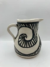 Vintage KUU Pottery Unglased White Black Hand Made Pitcher