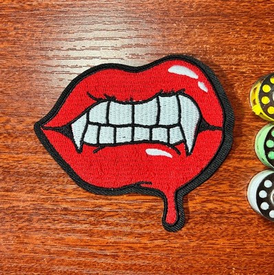 Sexy Red Vampire Lips and Fangs Goth Horror Embroidered Iron On Patch 3x3.5''