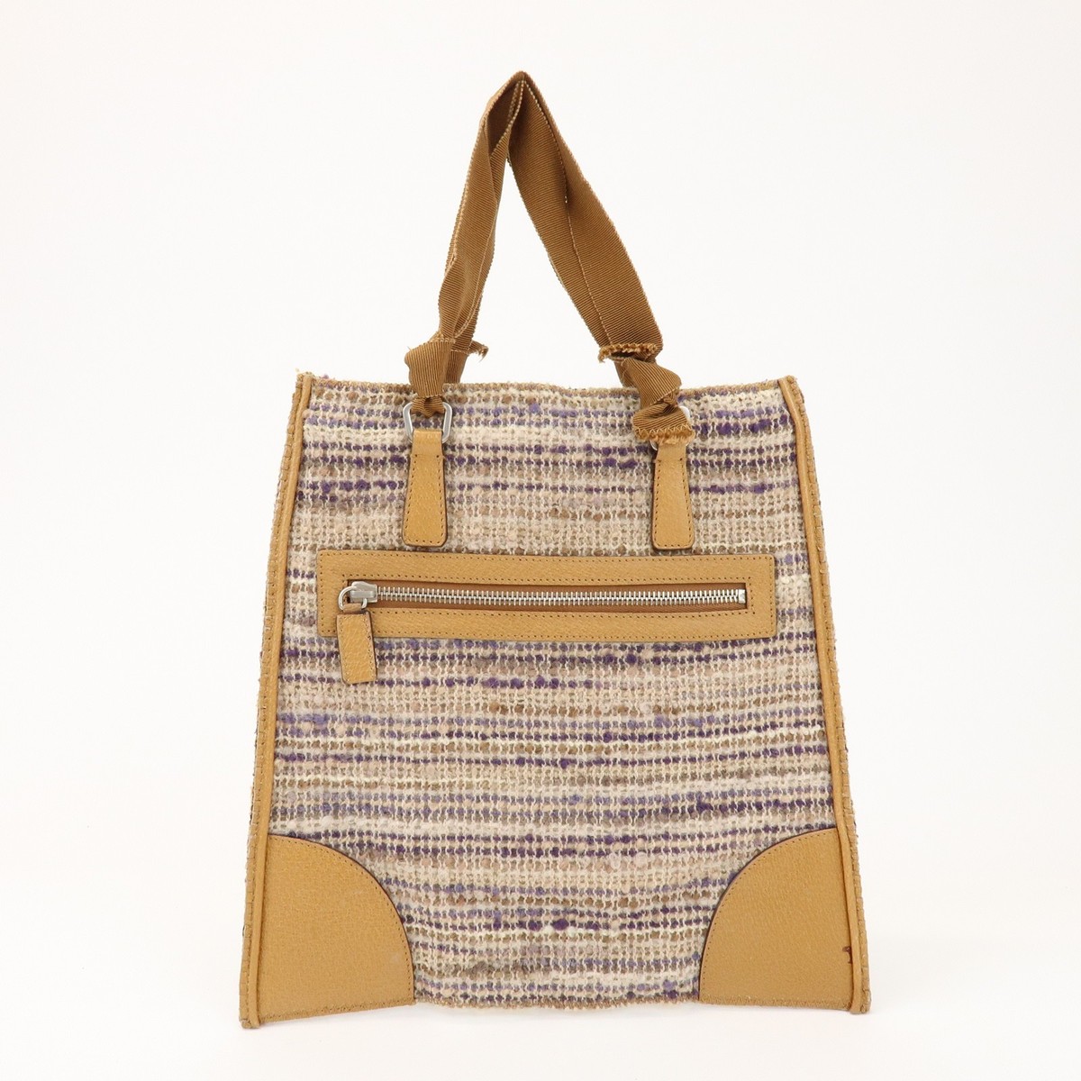 PRADA Triangle Logo Tweed Leather Hand Bag Light Brown Multicolor 