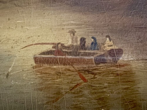 Primitive American Folk Art,Hudson River School Era Oil Painting Family Fishing - Afbeelding 3 van 8