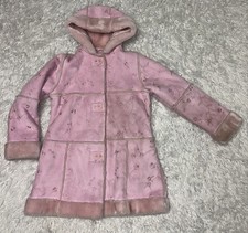 Rothschild Girls pink faux suede coat with floral embroidery and faux fur M 5/6.