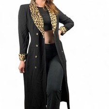 Vintage 90s Leopard Fur Trim Trench Coat Size 10 Goth Glam Grunge Mob Wife