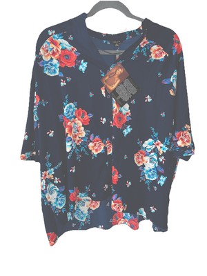 NWT Iman Global Chic Navy Floral Print V-Neck Hi-Lo Blouse Plus Size 2X Stretchy