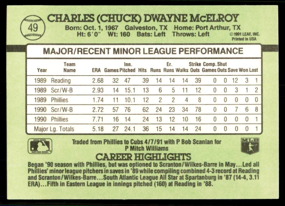 1991 Donruss The Rookies Chuck McElroy Baseball Cards #49 - Image 2 of 2