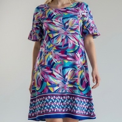 Cappagallo Cactus Rose Abstract Floral Ruffle Sleeve Shift Dress Women's Size M