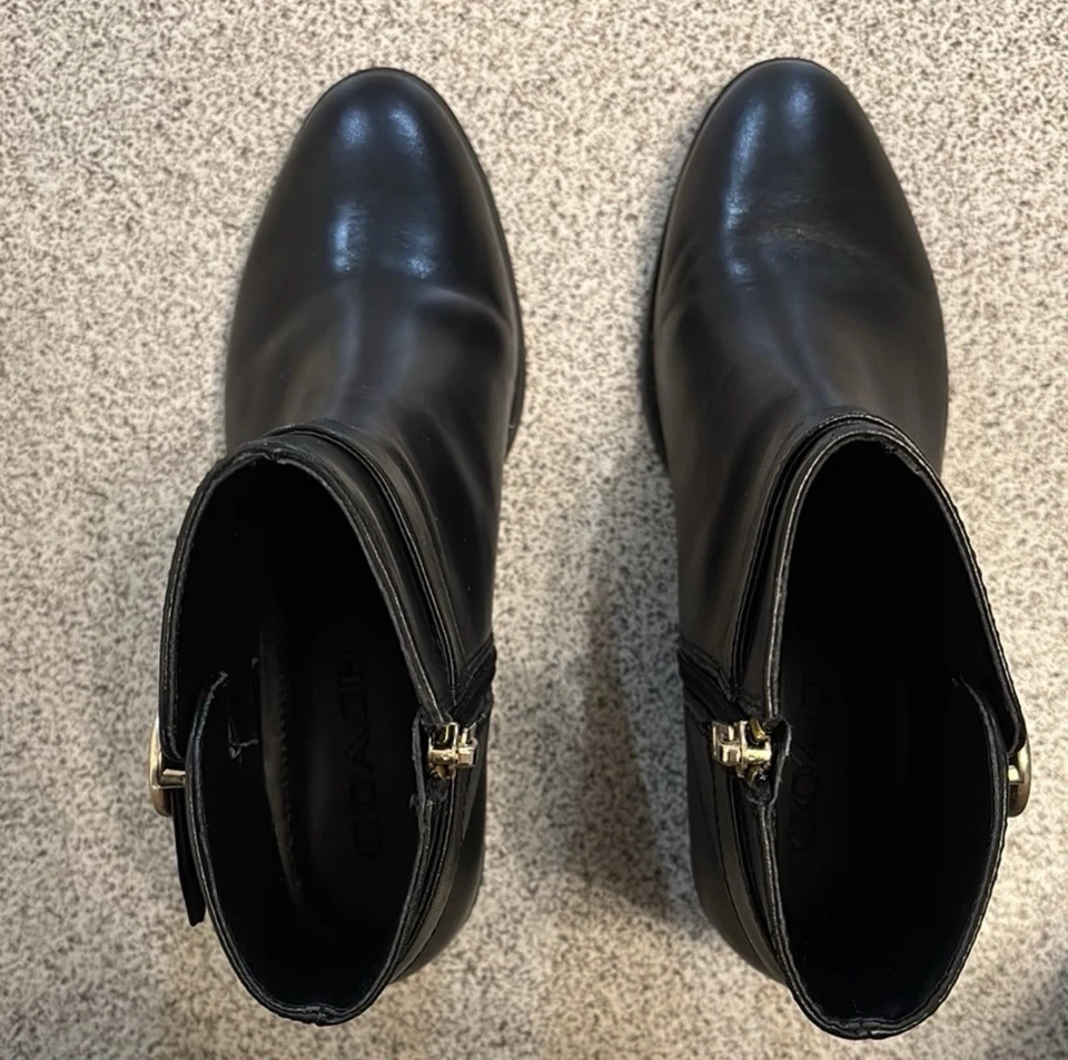 Used Coach Black Ankle Boots with Gold Emblem - Size 5B - Image 3 of 4