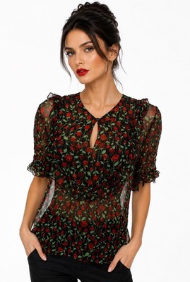 The Kooples Size 1 Small Black Red Rose Floral Sheer Ruffle Blouse Viscose