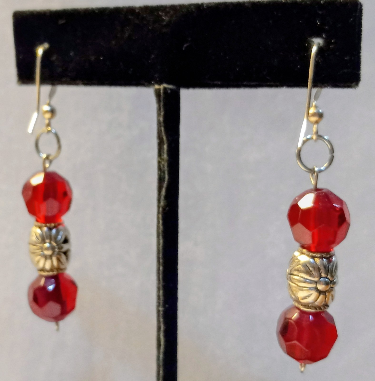 Faceted Ruby Red Glass 2" Beaded Dangle Earrings … - image 2